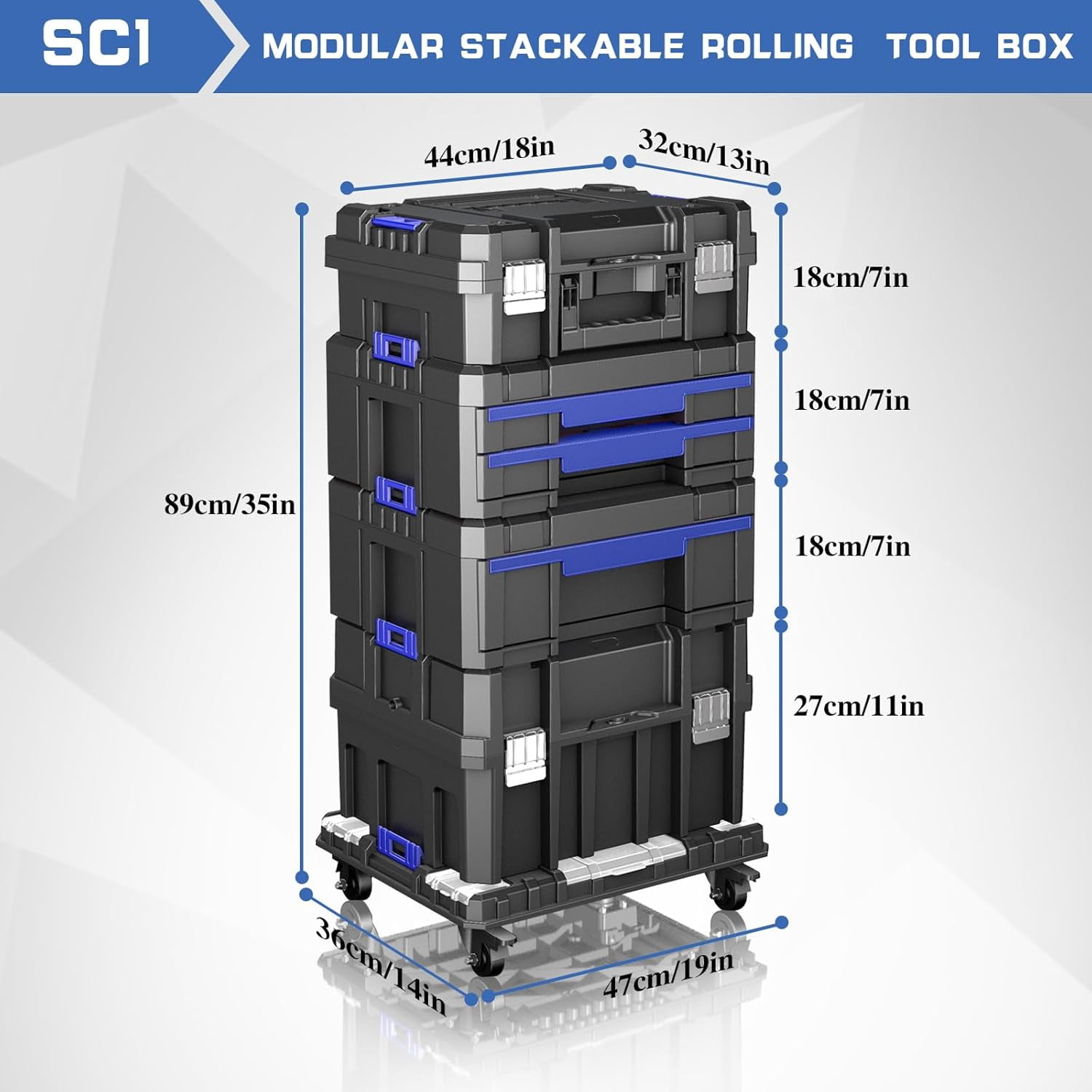 4-Tier Stackable Rolling Tool Box with Wheels, Modular Tool Organizer Toolbox with Drawers & Portable Storage System for Garage Home Workshop