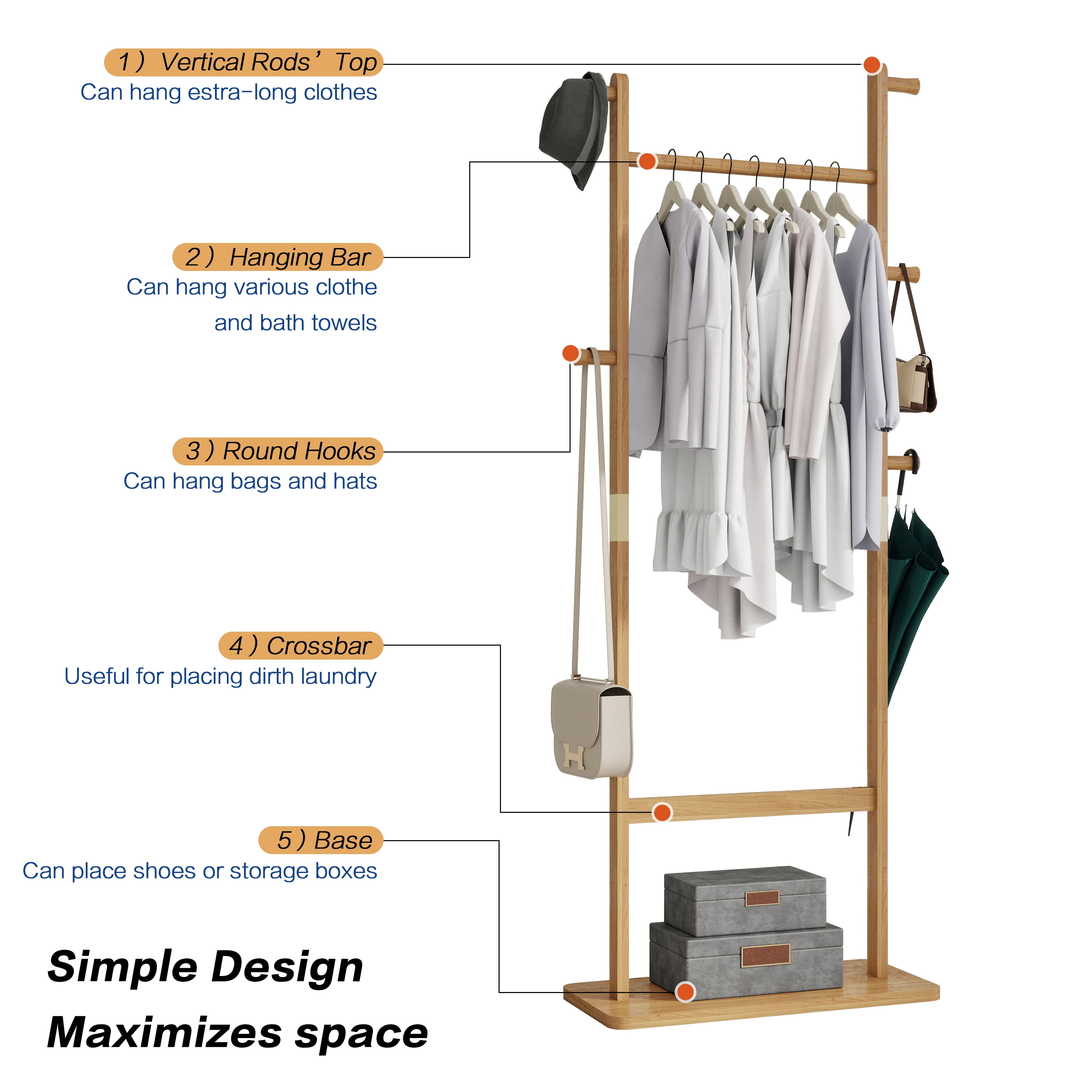 Garitin Coat Rack and Hall Tree 71 Inch, Solid Wood Freestanding Stand with Hooks and Hat Shelf for Entryway Living Room Bedroom, Natural Rubber Wood