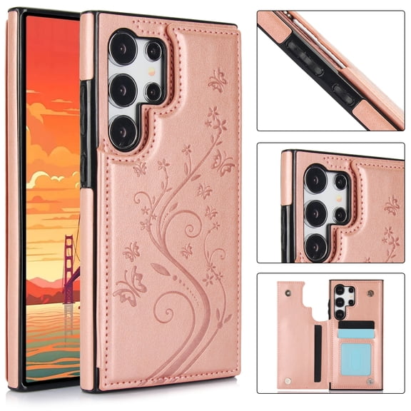 ELEHOLD for Samsung Galaxy S26 Ultra Wallet Case, Flower Embossed Pattern Magnetic Button Card Holders PU Leather Cover Kickstand Function Shockproof Protective Cover, Rosegold