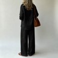thumbnail image 5 of Linen Blend Long Sleeve Button Down Set for Women, Notched Collar Shirt & Wide Leg Pants - Casual Solid Color Two Piece Lounge Outfit with Pockets Black L, 5 of 6