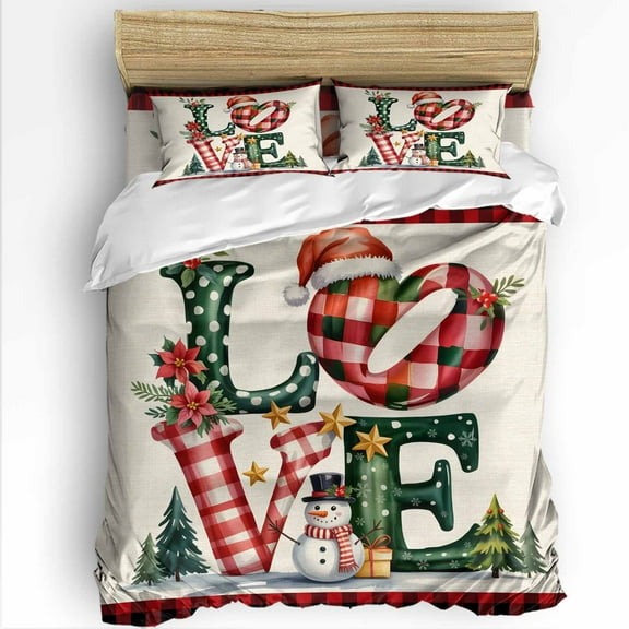 Christmas King Size Comforter Set, Red Green LOVE Snowman Xmas Red Plaid Linen Soft Bedding for All Seasons, 4 Pcs Bed Set with 1Comforter (90"x106") ,1 Sheet(94"x116"), 2 Pillowcases (19"x35")