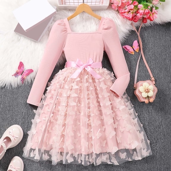 Huowey Girls Long Sleeve Dresses Square Collar Puff Sleeves Full Butterflies Pattern Tutu Dress Gown Formal Attire Clothes,Pink,9-10 Years