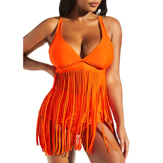 Traje de baño con flecos Cuello en V Tallas grandes Tirantes finos Diseño de borla Traje de baño de dos piezas para nadar Playa Piscina Naranja XXL