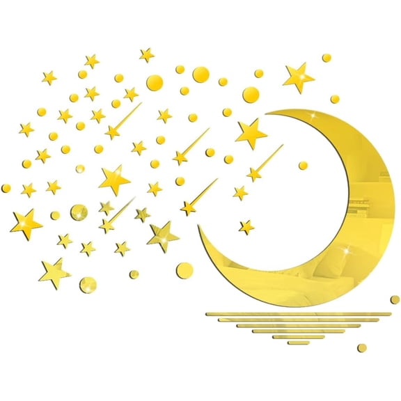 MOAMUN 71 Pcs Gold Star Stickers, 3D Acrylic Moon Shooting Star Mirror Wall Stickers Decor, Removable Decals Art Self-Adhesive for Home Nursery Classroom Bedroom Interior Wallpaper Background Decor