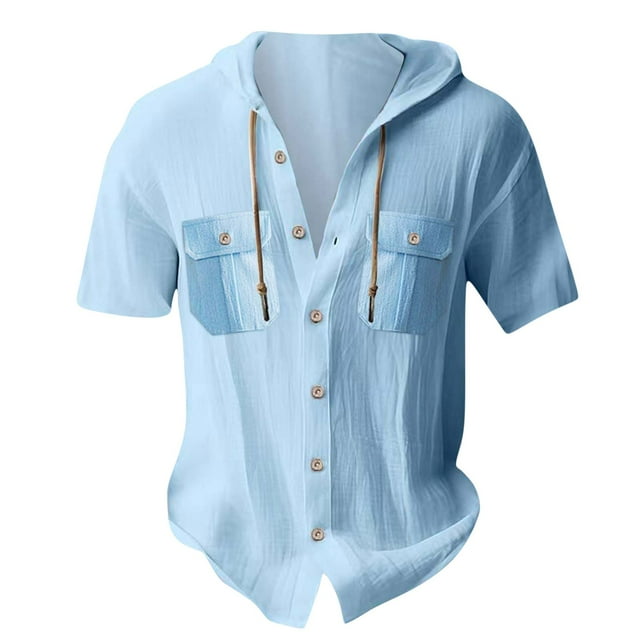 Plebaso Mens Button down Hooded Shirts Long/Short Sleeve Drawstring Hoodies Casual Plain Tops with Pockets