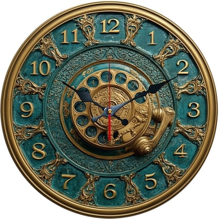 SBEMP10 Inch Silent Wall Clock, Vintage Rotary Phone Embossed Decorative Wall Clock, Battery Operated Non-Ticking Round Clock for Living Room Bedroom Office Home Decor