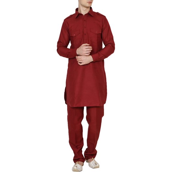 Royal Kurta Men's Cotton Linen Pathani Kurta And Salwar Set (42, Maroon-1)