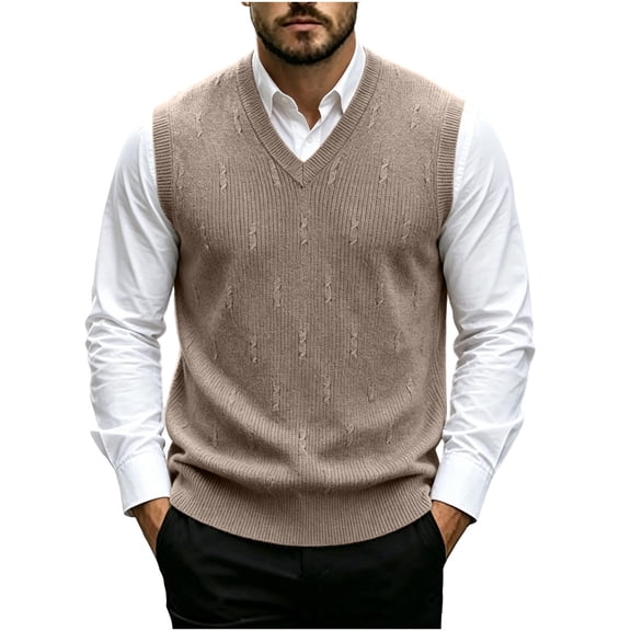 Riecok Sweater Vest Men Big and Tall Sleeveless V Neck Pullover Sweaters Lightweight Solid Winter Tops with Pockets Khaki M