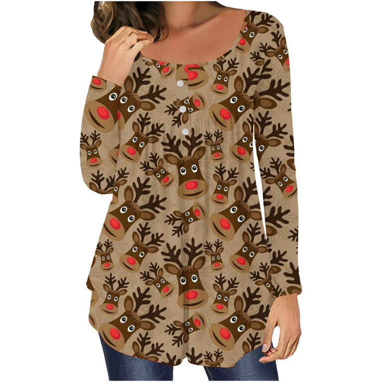 YOTAMI Cute Tops for Women - on Prime Today Deals Clearance Crew Neck  Pattern Print Button Long Sleeve Autumn and Winter Brown Tops 