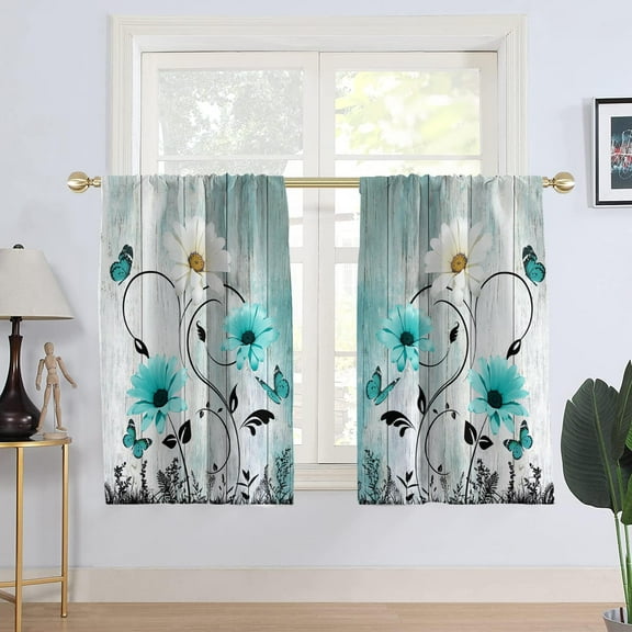 Teal Floral Window Curtains for Kitchen Turquoise Aqua Flower Rustic White Daisy Butterfly Small Short Home Living Room Bedroom Bathroom Drapes Treatment Fabric 1 Pair, 27.5" W x 45" L, Country