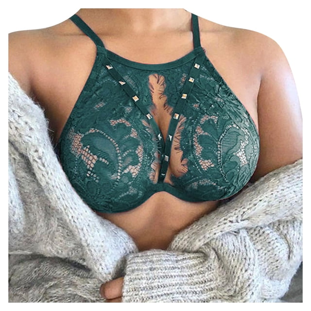 WZXFASHION Women's Solid Color Hollow Lace Sexy Lingerie Intimates Green L