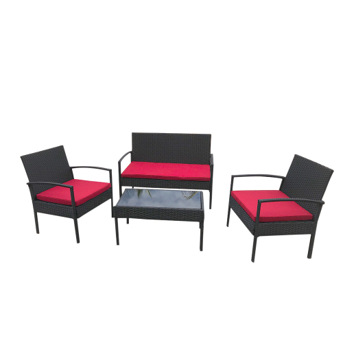4 Piece Patio Porch Furniture Set, Outdoor Rattan Patio Furniture Sets, Patio Conversation Sets, Porch Deck Furniture, Wicker Patio Chairs and Table, Red - image 3 of 6