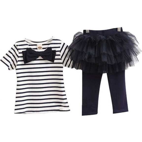 Baby Toddler Girl 2pc Outfit Stripe Short Sleeve Top with Tulle Tutu Legging, Navy 90