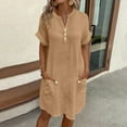 thumbnail image 2 of asdoklhq Womens Dresses Short Sleeve Women's Solid Color V-neck Button Short Sleeved Pocket Jumpsuit Long Skirt Khaki S, 2 of 6