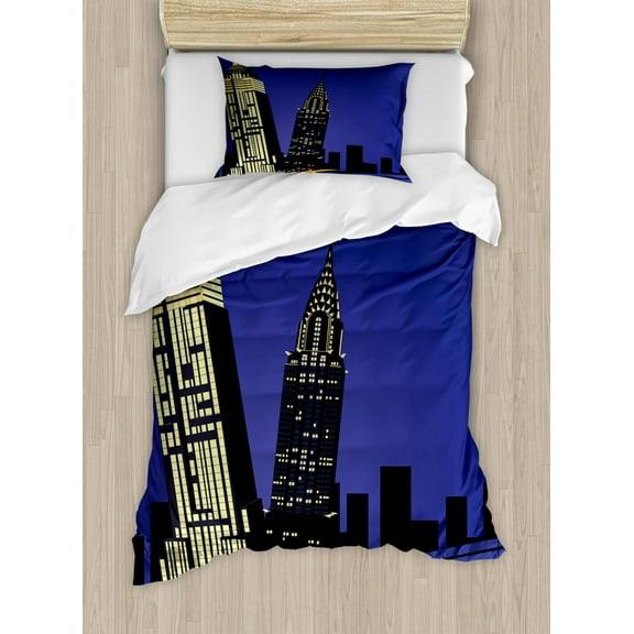 City Twin Size Duvet Cover Set, Skyscrapers and Taxi New York Theme American Downtown Scenic Skyline, Decorative 2 Piece Bedding Set with 1 Pillow Sham, Violet Blue Yellow Black, by Ambesonne
