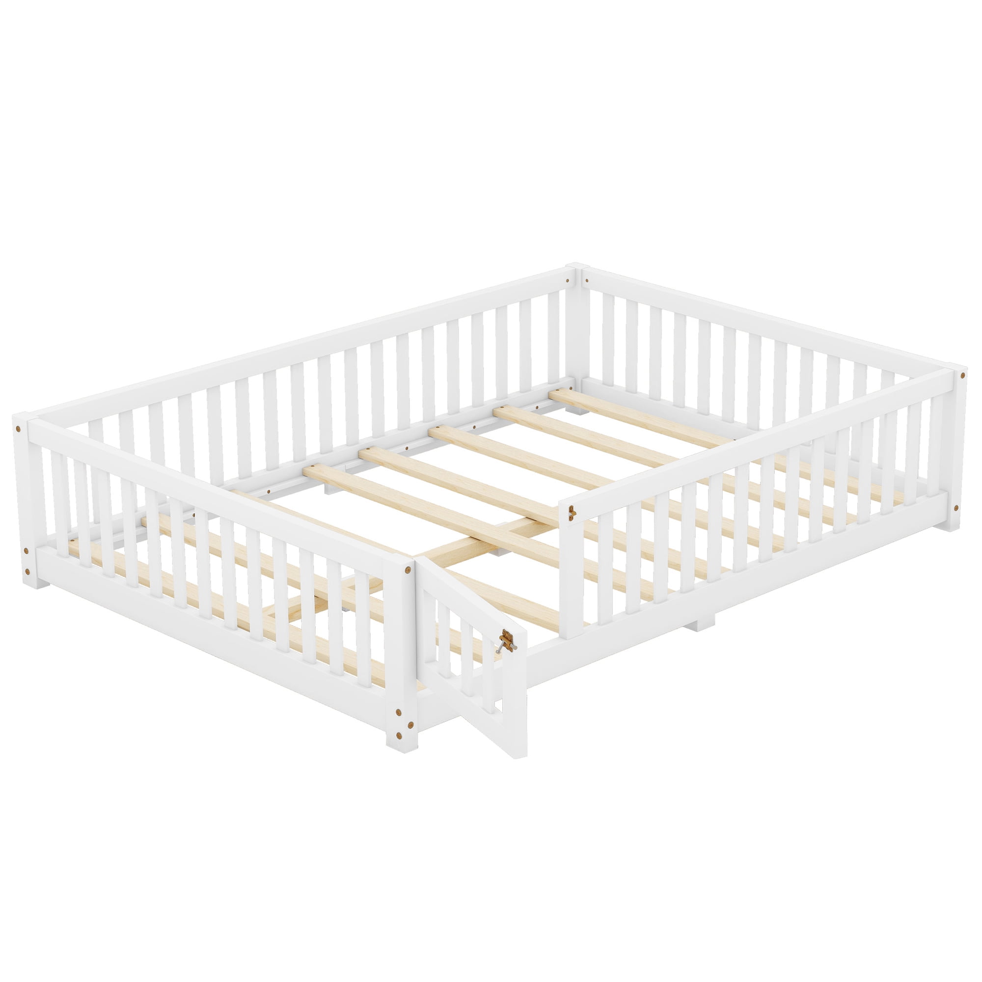 Aukfa Full Size Floor Bed for Kids Children, Wood Montessori Bed Frame with Safety Guardrails and Door, White