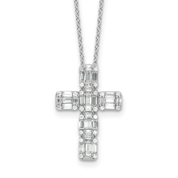 Auriga Fine Jewelry 925 Sterling Silver Rhodium-plated Baguette CZ Cross Necklace for Women 18"