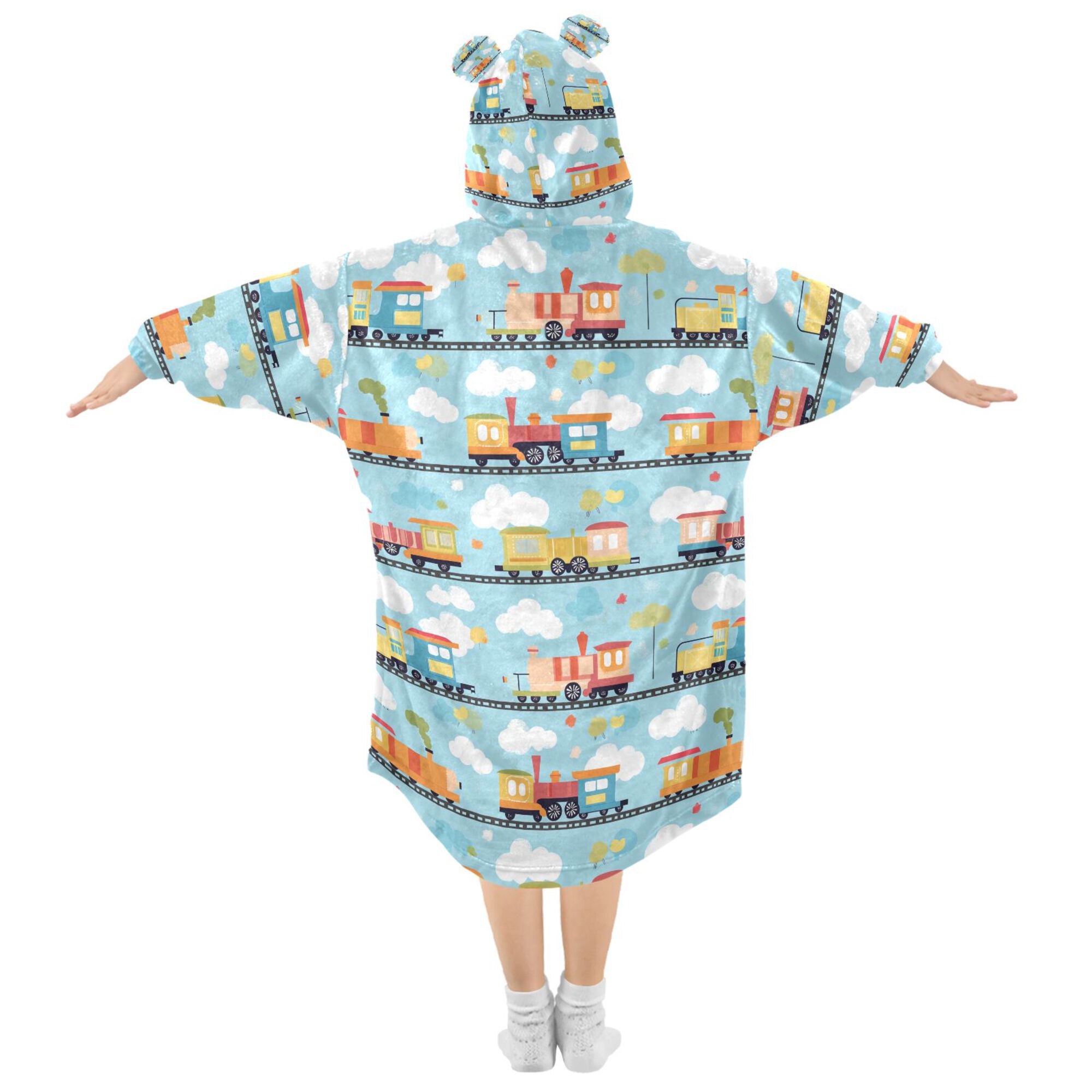 FORMRS Wearable Blanket Hoodie with Sleeves for Kids Cozy Flannel Sweatshirt, Cartoon Train Pattern