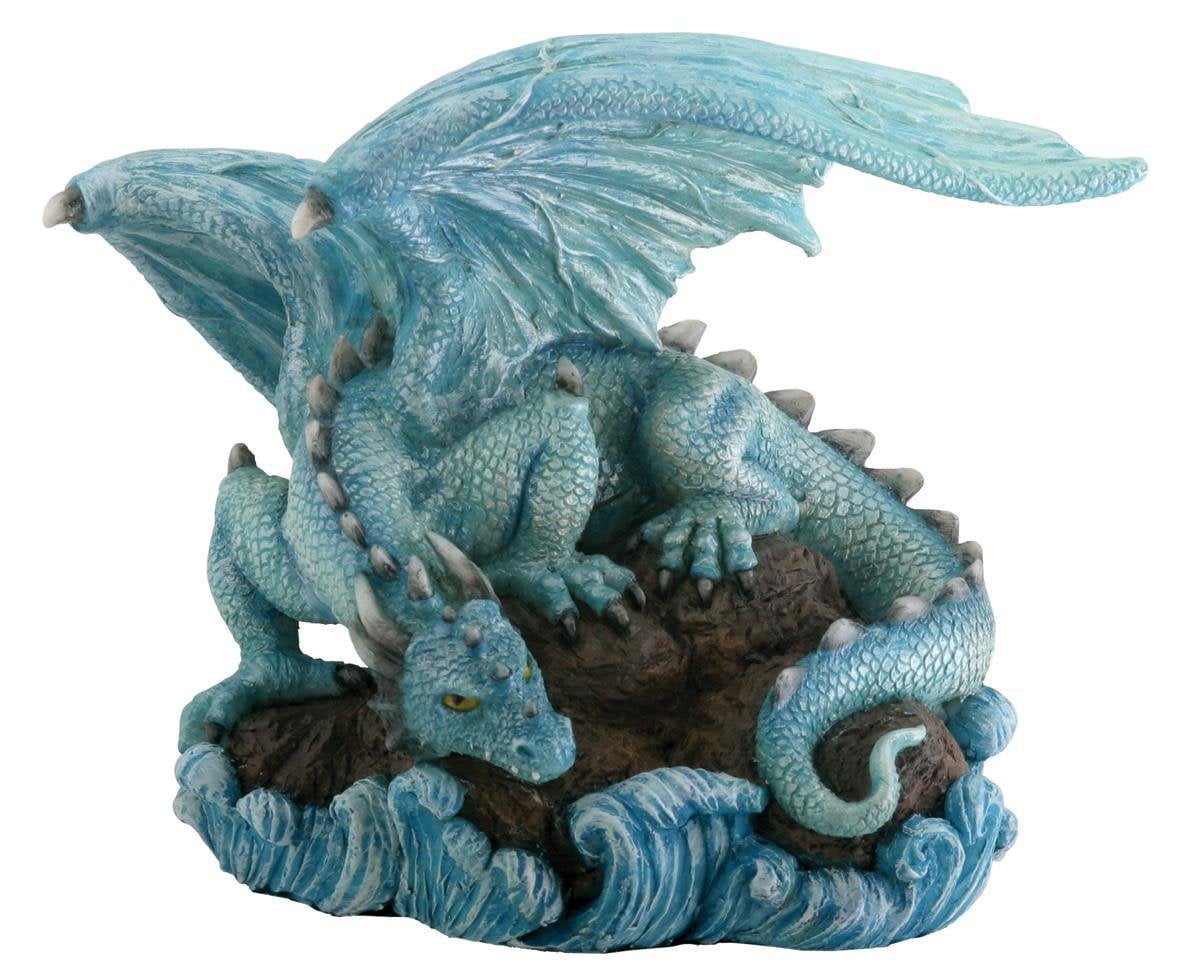 Blue Dragon on Top of Rocks with LED Medallion Statue Figurine Myth Legend Decor