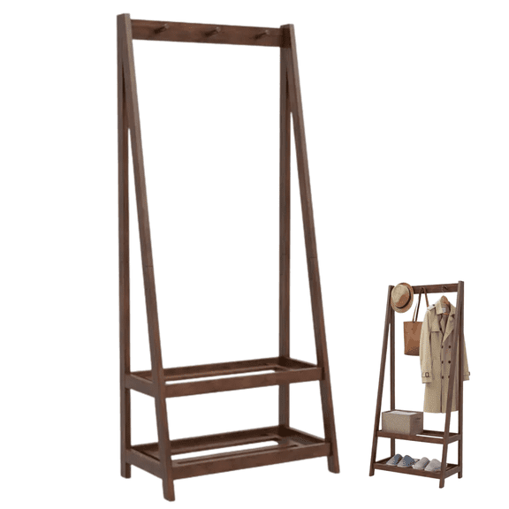 Solid Wood Freestanding Coat Rack with Shelves, A-Frame Entryway Organizer with 3 Hooks and 2 Storage Shelves, Walnut Finish Garment & Shoe Rack for Bedroom, Hallway