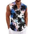 thumbnail image 4 of Men Turn Down Collar Sleeveless Hawaiian Tropical Button Down Vest Lightweight Breathable Vacation Beach Travel Tops Cyan M, 4 of 6