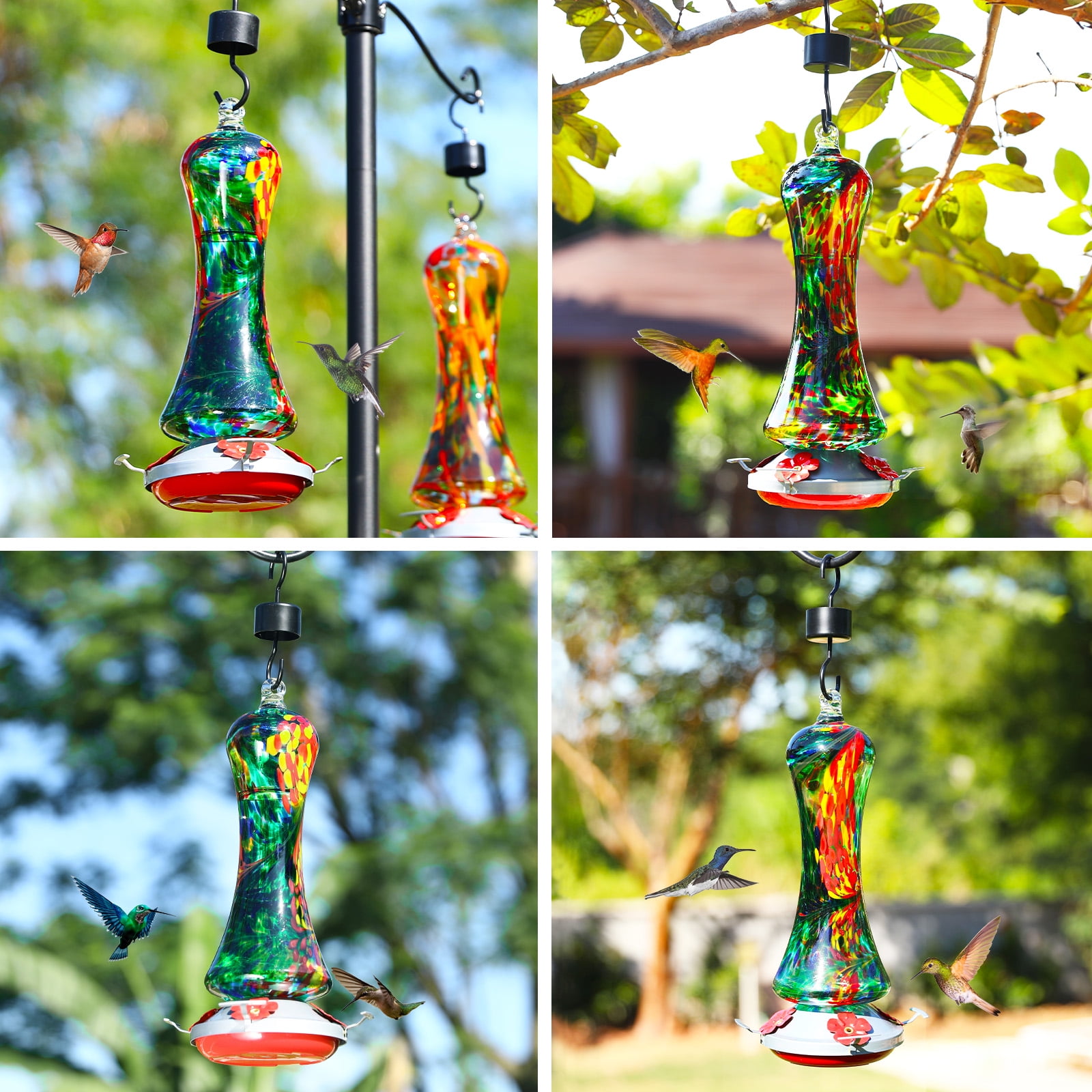 Birdkiss Hand-Blown Glass Hummingbird Feeder 16 oz for Garden Backyard Patio Decor with Ant Moat, Leak Proof & Rustproof, 5 Feeding Ports & 5 Perches