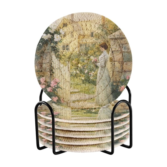 Round Placemats Set of 6 Heat Resistant Washable Kitchen Table Decorations 15.4in Lady in A Garden