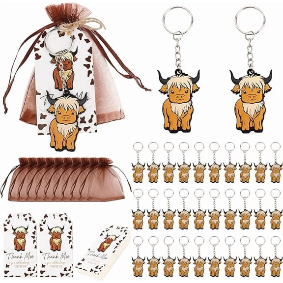 Serencatcher 90Pcs Highland Cow Baby Shower Party Favors Boy, Highland Cow Keychain Thank Moo Gift Tags and Brown Organza Bags for Highland Cow Cattle Party Favors My First Rodeo Birthday Decorations