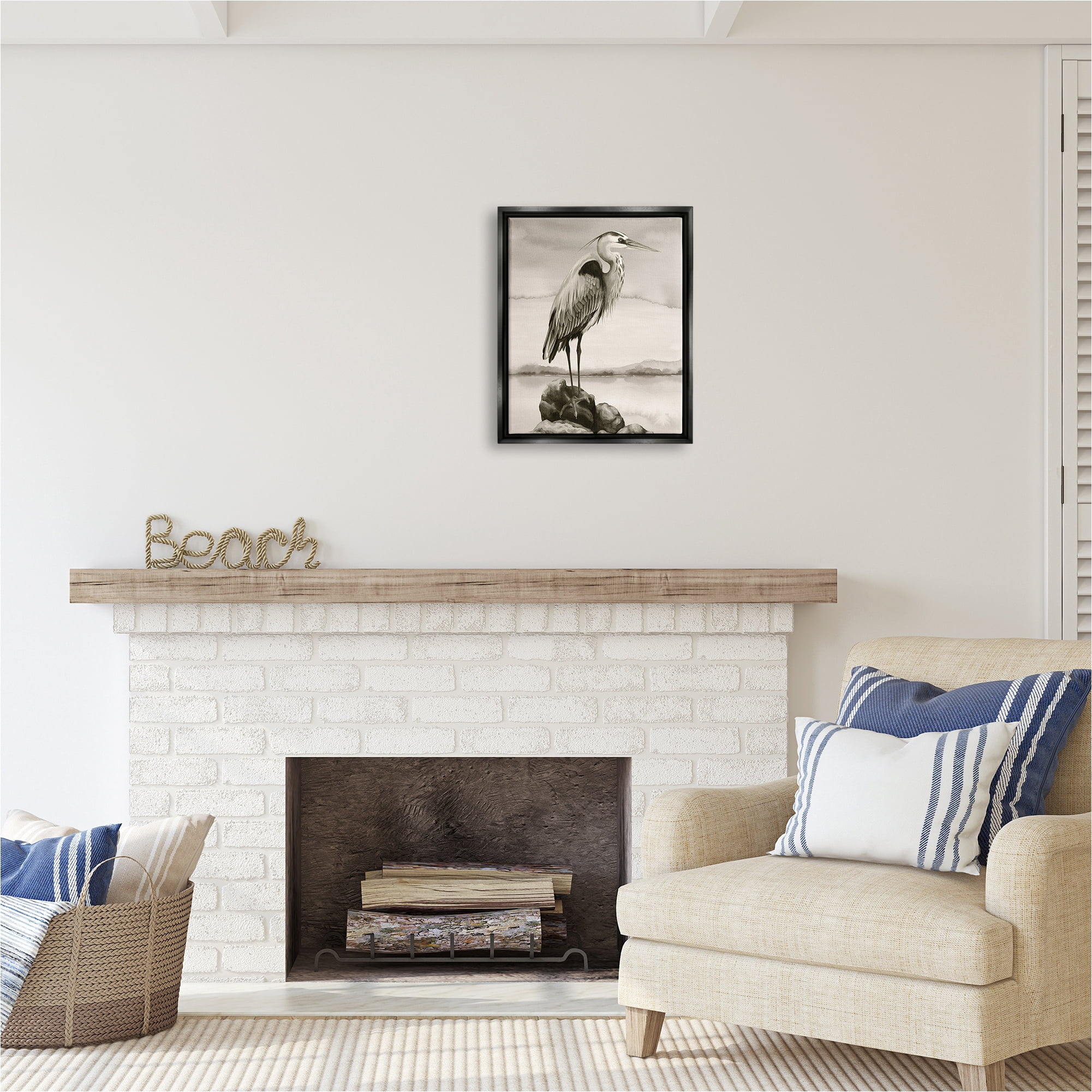 Stupell Industries Heron Perched at Sea Animals & Insects Painting Black Floater Framed Canvas Art Print Wall Art, 17 x 21