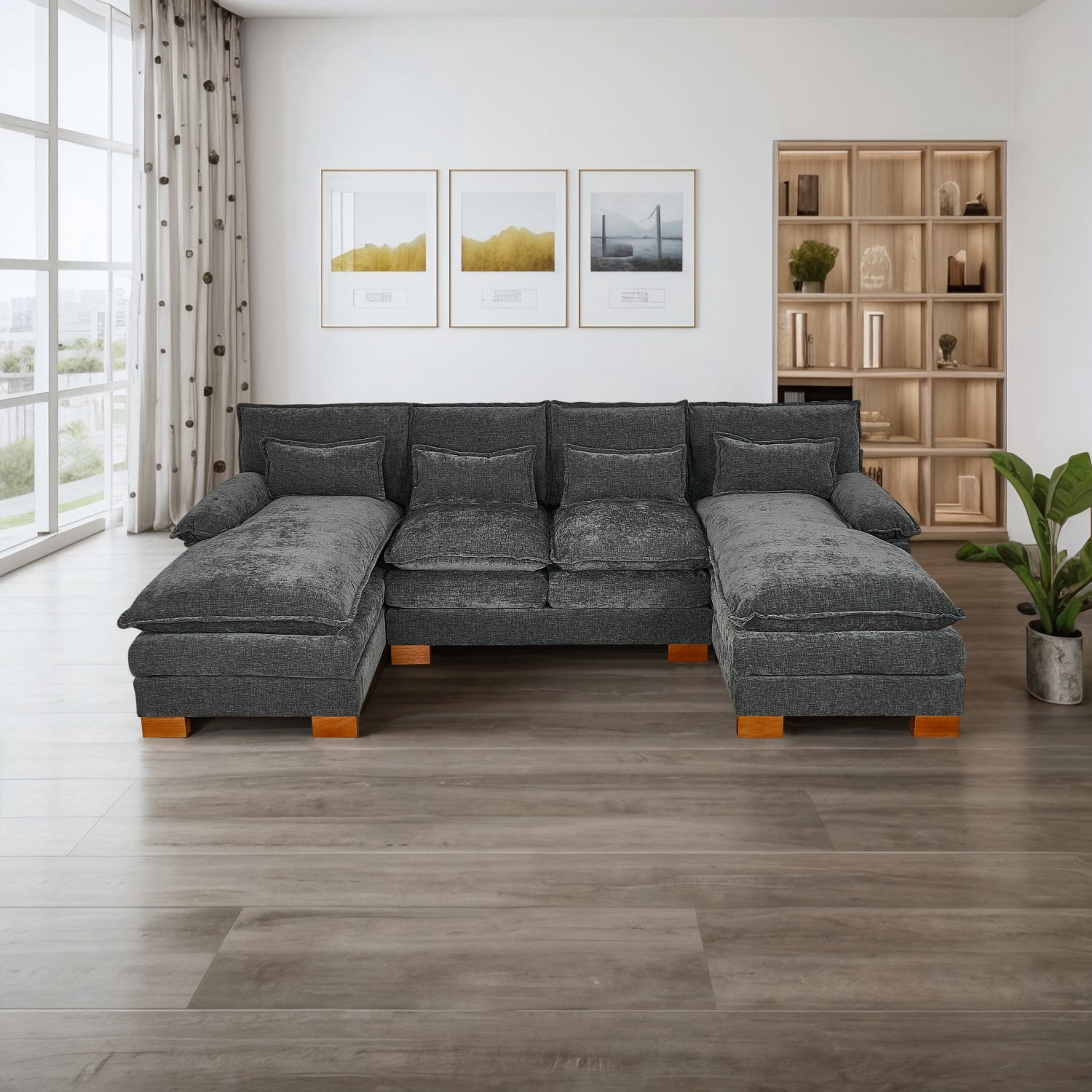 Gewnee Oversize Luxury U-Shaped Chenille Sectional Sofa Couch with Double Chaise and Pillows ,4 Seat Modular Sofa Couches for Living Room