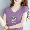 thumbnail image 4 of Camisa de mujer de manga corta de algodón puro en tallas grandes, estilo nuevo 2024, estilo coreano, corte holgado, adelgazante, versátil, cuello redondo, blusas estampadas, 4 of 4