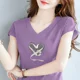 thumbnail image 4 of Camisa de mujer de manga corta de algodón puro en tallas grandes, estilo nuevo 2024, estilo coreano, corte holgado, adelgazante, versátil, cuello redondo, blusas estampadas, 4 of 4