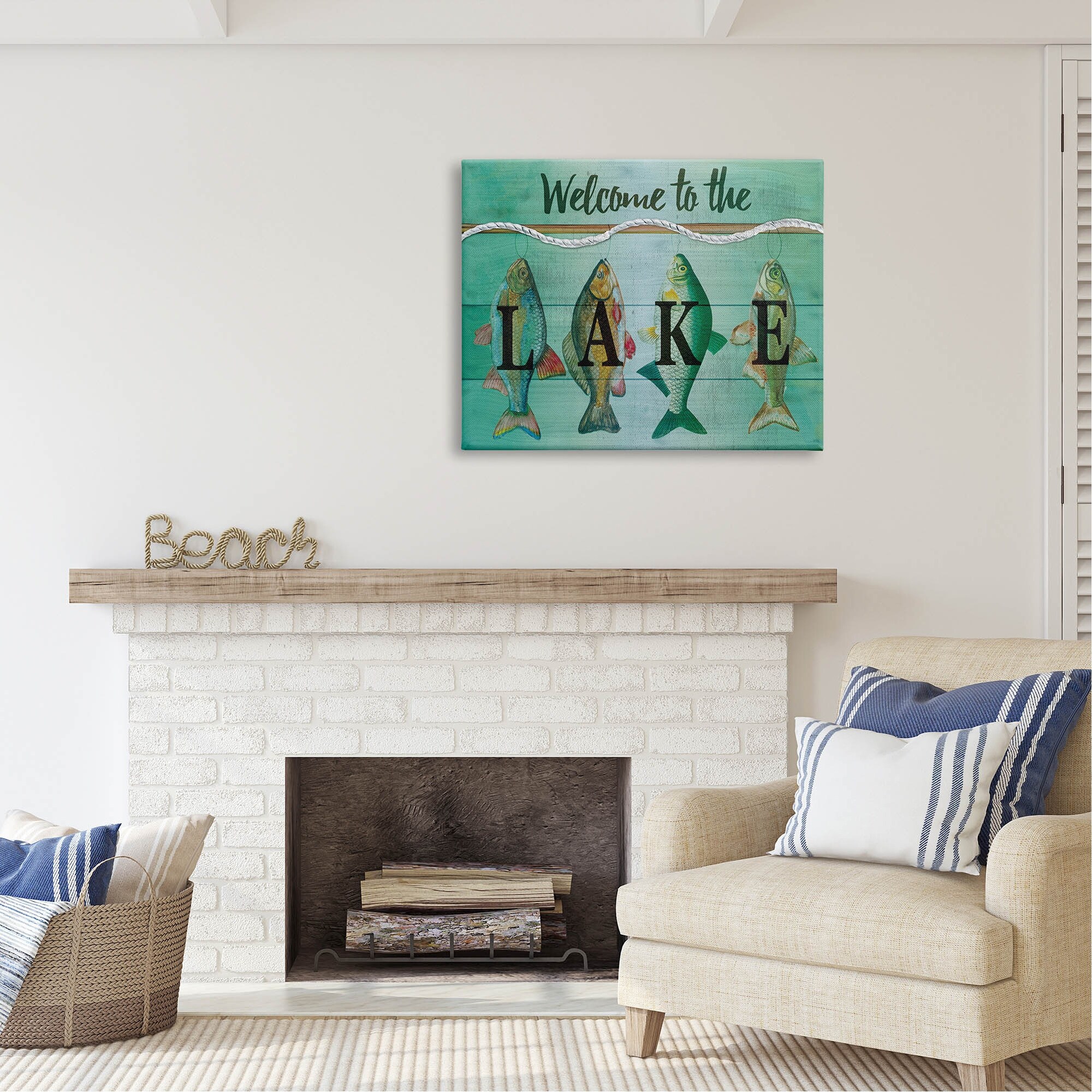 Stupell Industries Welcome To The Lake Fishing Rope Coastal Painting Gallery Wrapped Canvas Print Wall Art