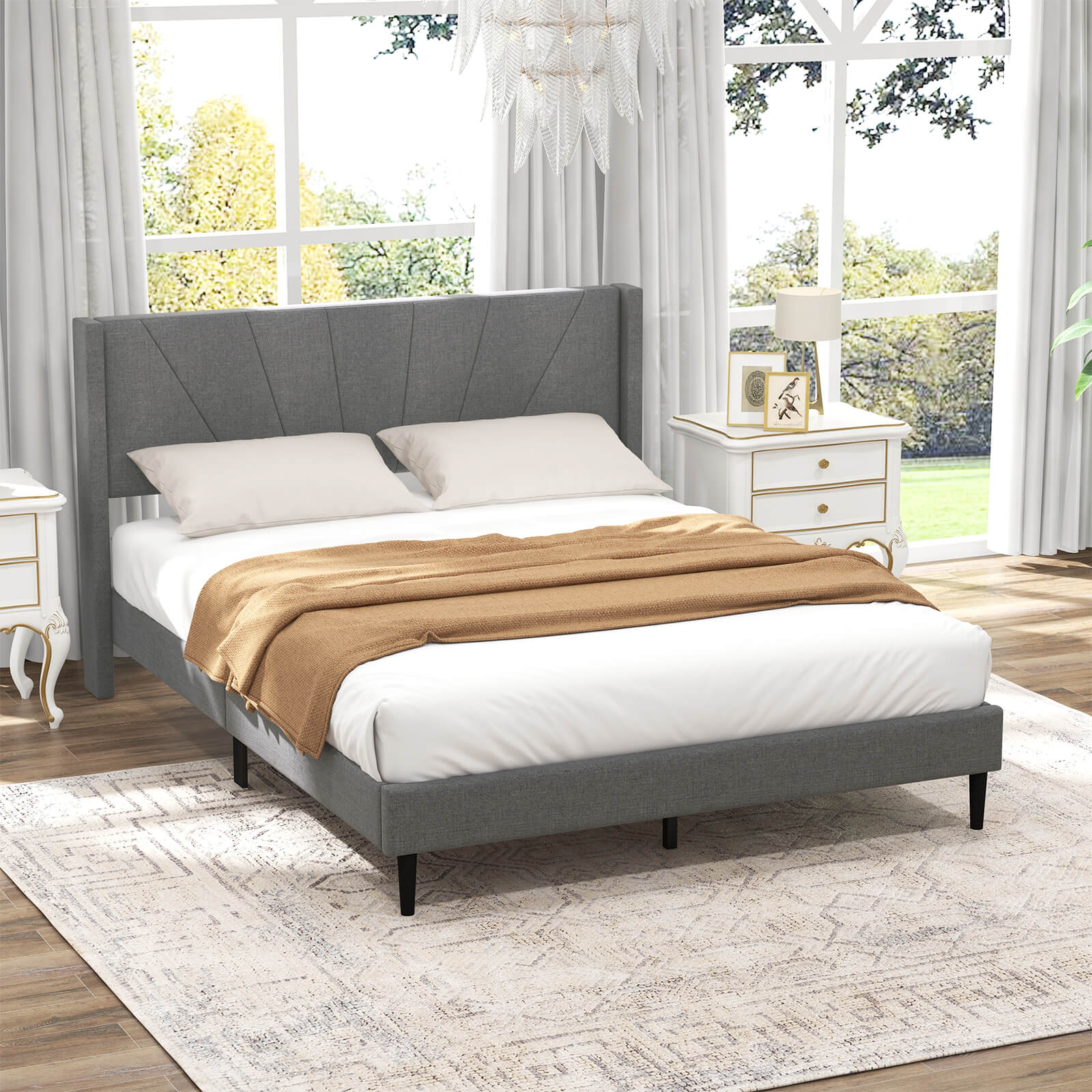 Infans Queen Bed Frame Modern Platform Bed with Linen Upholstered Wingback Headboard