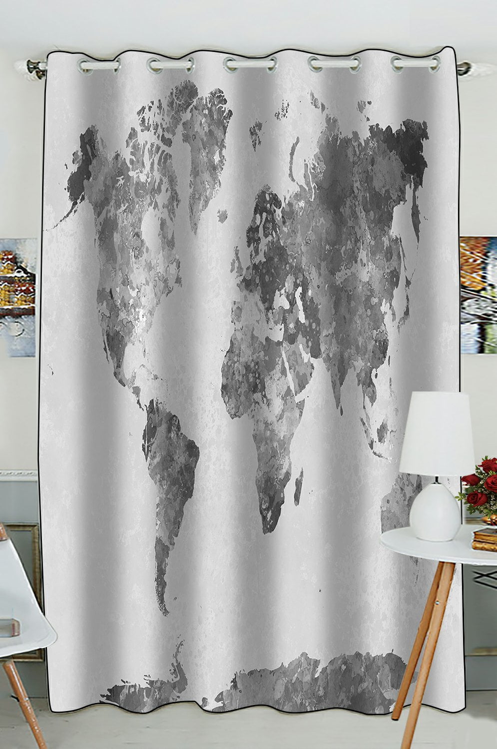 Phfzk Abstract Splatter Window Curtain World Map In Watercolor Painting Gray Blackout For Bedroom Living Room Kitchen