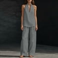 thumbnail image 5 of Linen Sets for Womens 2 Piece Outfits Casual Minimalist Halter Neck Top and High Waisted Wide Leg Pants Summer Matching Outfit with Pockets, 5 of 9