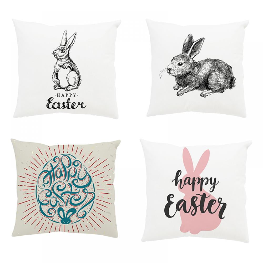 KAKABUQU Happy Easter Pillow Covers 18x18 Inch Set of 4 Bunny Spring Easter Deco 