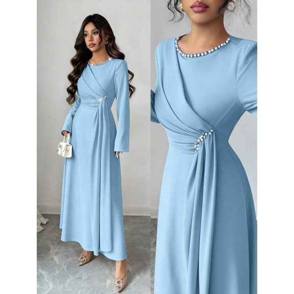 Blue Elegant Long-Sleeved Round-Neck A-Line Dress With Pearl Embellishments And Fitted Waist