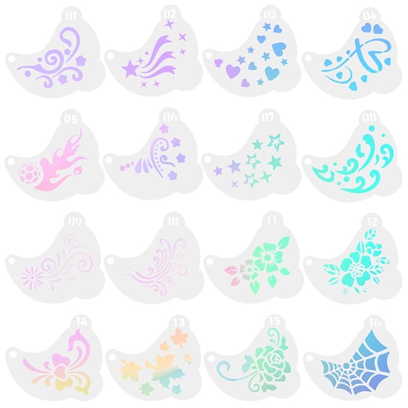 16Pcs 16 Styles Face Painter Stencils White Plastic Reusable Star Heart Flower Vine Body Facial Tattoo Painting Facepaint Templates Kit