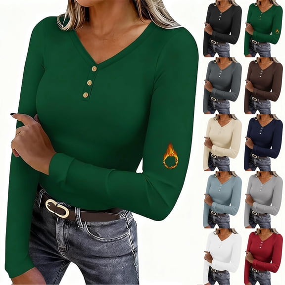Otntypg Long Sleeve Thermal Shirts for Women Dressy V Neck Fleece Slim Fit Button Tops Fall Spring Fashion Warm Outfits Clothing Navy M