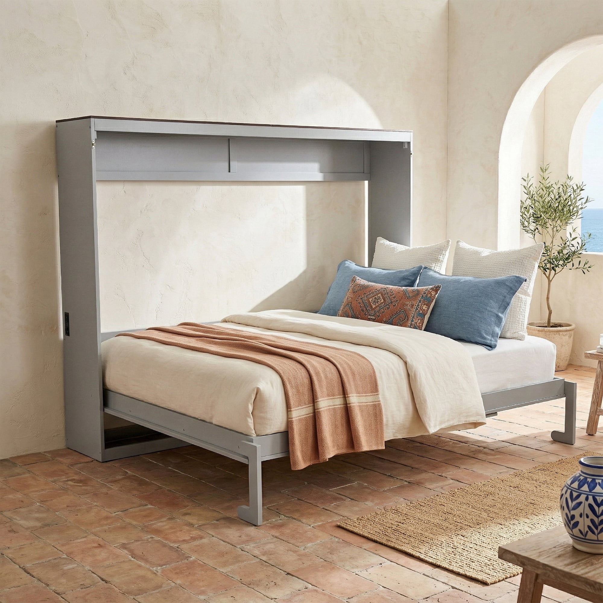 Mintazer Farmhouse Full Murphy Wall Bed with Barn Door & Charge Station, Folding Cabinet Bed for Home Office, Gray