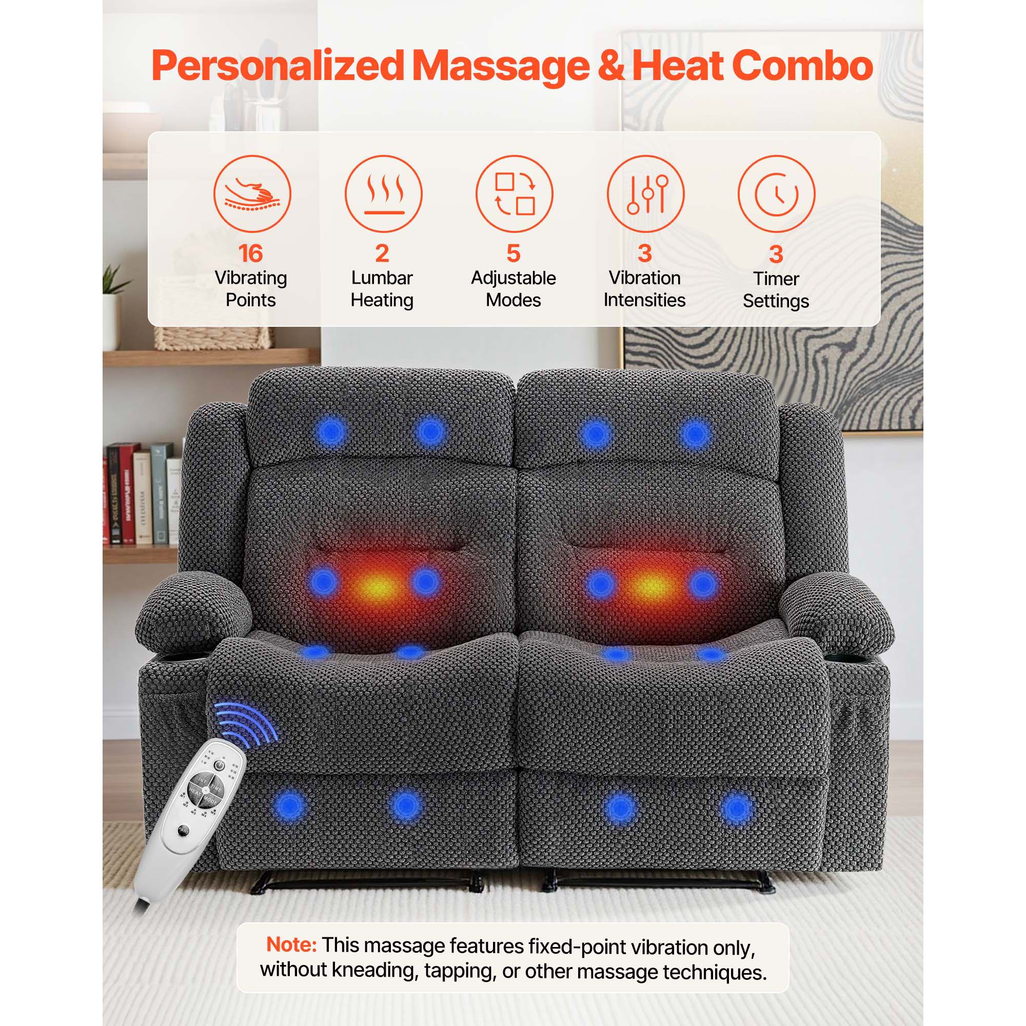 KFFKFF Manual Reclining Loveseat Sofa with Heating and Massage, Soft Corduroy Upholstery, USB Ports, Cup Holders, and Side Storage Pockets, Dual Recliner Couch for Living Room, Grey