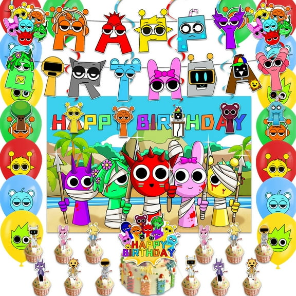 Sprunki Plush Themed Birthday Party Decoration Set, 38pc set includes backdrop, banner, cake toppers, balloons, and cupcake decorations.