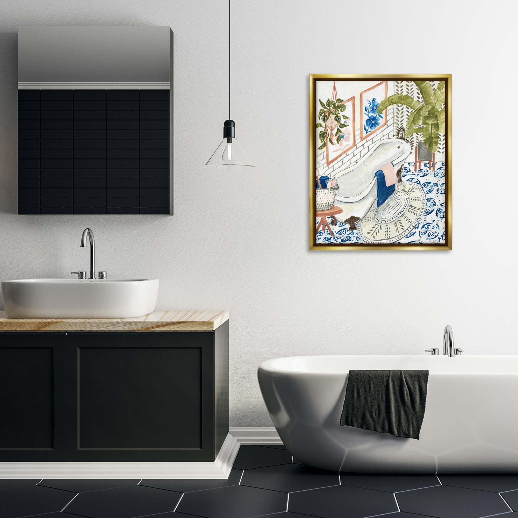 Stupell Industries Boho Chic Bathtub Typography Painting Gold Floater Framed Canvas Art Print Wall Art, 25 x 31