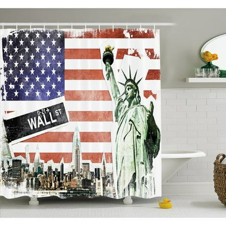American Flag Decor Shower Curtain, NYC Collage with Famous Monuments Wall Street and Manhattan Urban Display, Fabric Bathroom Set with Hooks, 69W X 70L Inches, Multi, by