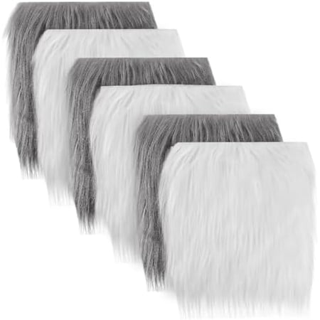 6Pcs White & Grey Faux Fur Fabric 10 ×10 Artificial Fuzzy Fur Fabric Warm and Breathable Fur Square Patches for DIY Crafts Sewing Cushion Pad Chair Cover Christmas Day Gnomes Decors