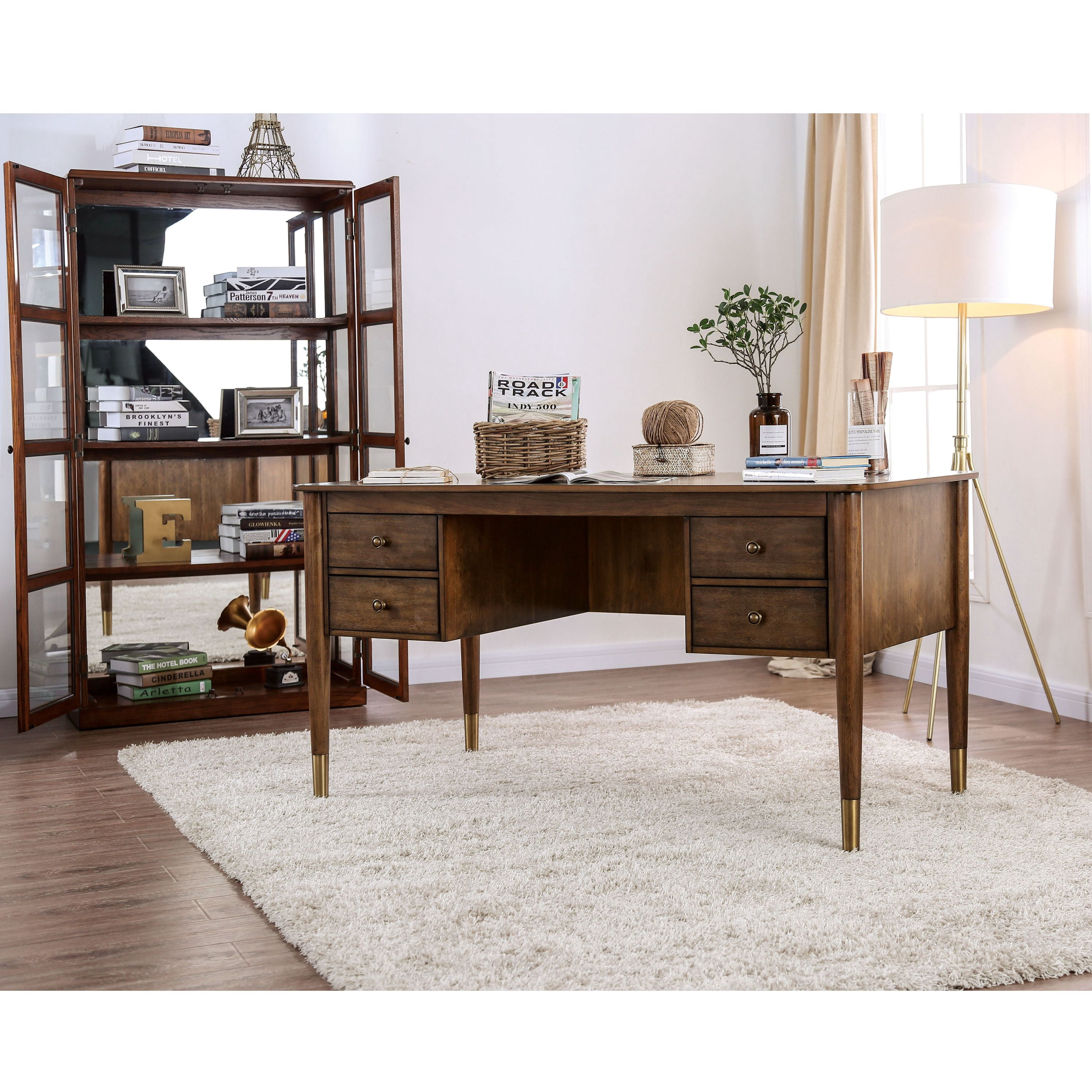 Furniture of America Jennay Solid Wood 4-Drawer Storage Executive Desk, Antique Oak