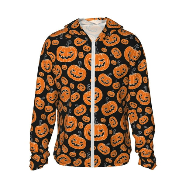 Fotbe Halloween Pumpkins Chaqueta con Protección Solar UPF 50+ para Hombre y Mujer, Camisa con Capucha y Bolsillos-Large