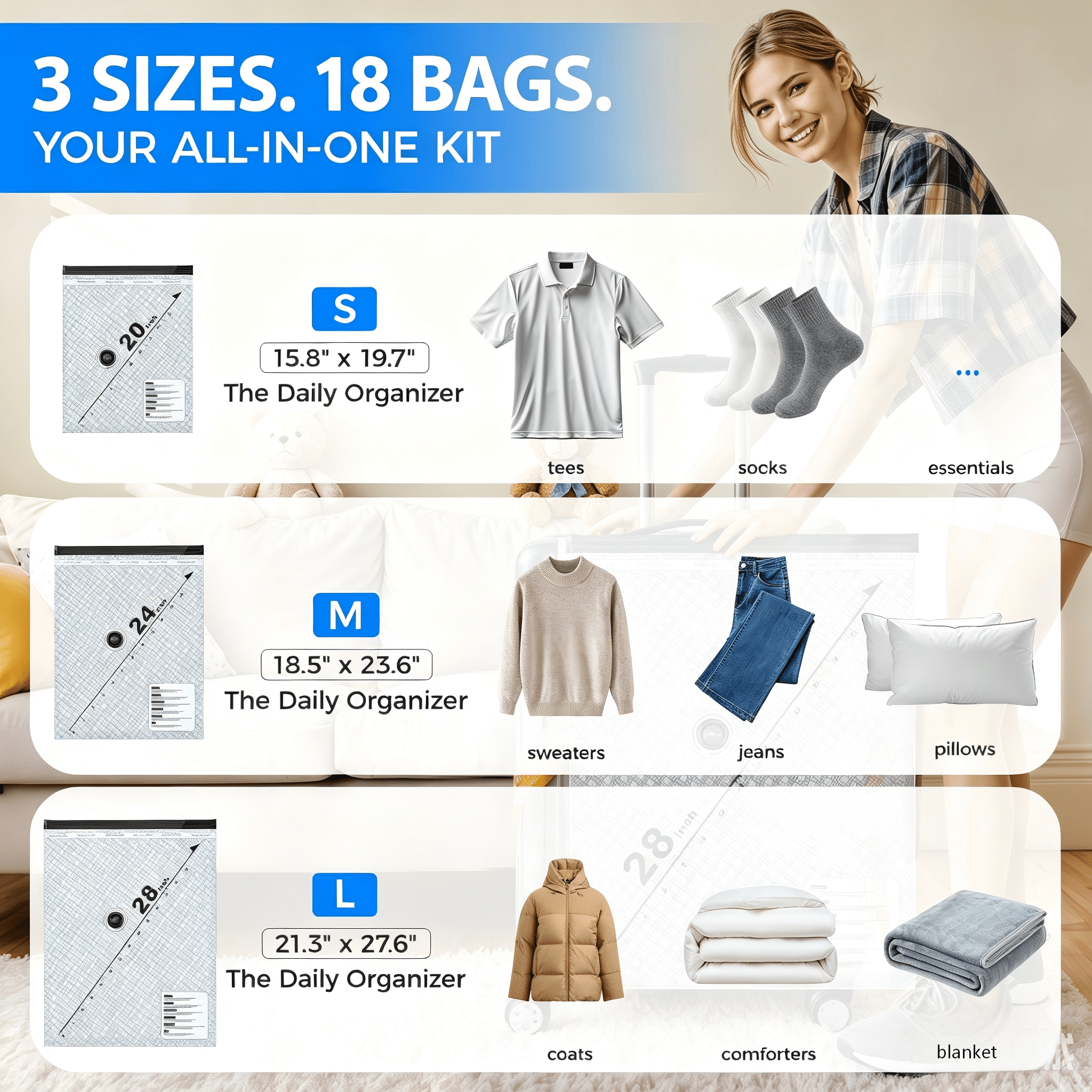Skyhill Vacuum Storage Bags with Wireless Rechargeable air Pump, 3 Sizes Space Saver Bags for Clothes Comforters(18pcs)
