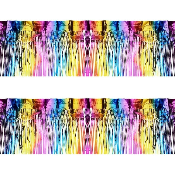 2 Pack 9.8 Feet×11.8inch Colorful Foil Fringe Garland Metallic Vinyl Fringe Wall Hanging Fringe Tinsel Streamers Banner Curtain Backdrop Banner for Wedding Birthday Parties Decoration